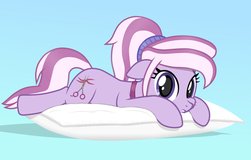 Size: 3542x2262 | Tagged: safe, artist:chomakony, derpibooru import, oc, oc:zoasie, unofficial characters only, earth pony, pony, cheek squish, earth pony oc, female, gradient background, looking at you, lying down, mare, pillow, ponytail, scissors, show accurate, simple background, solo, squishy cheeks, tail