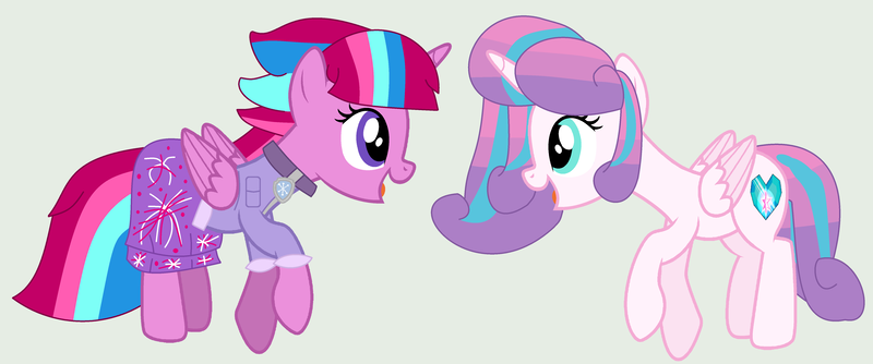 Size: 4956x2072 | Tagged: safe, artist:jadethepegasus, derpibooru import, princess flurry heart, oc, oc:bubble sparkle, pony, bubbleverse, series:sprglitemplight diary, series:sprglitemplight life jacket days, series:springshadowdrops diary, series:springshadowdrops life jacket days, alternate universe, base used, clothes, cousins, female, magical lesbian spawn, magical threesome spawn, multiple parents, next generation, offspring, older, older flurry heart, parent:glitter drops, parent:spring rain, parent:tempest shadow, parent:twilight sparkle, parents:glittershadow, parents:sprglitemplight, parents:springdrops, parents:springshadow, parents:springshadowdrops, sunshine sunshine