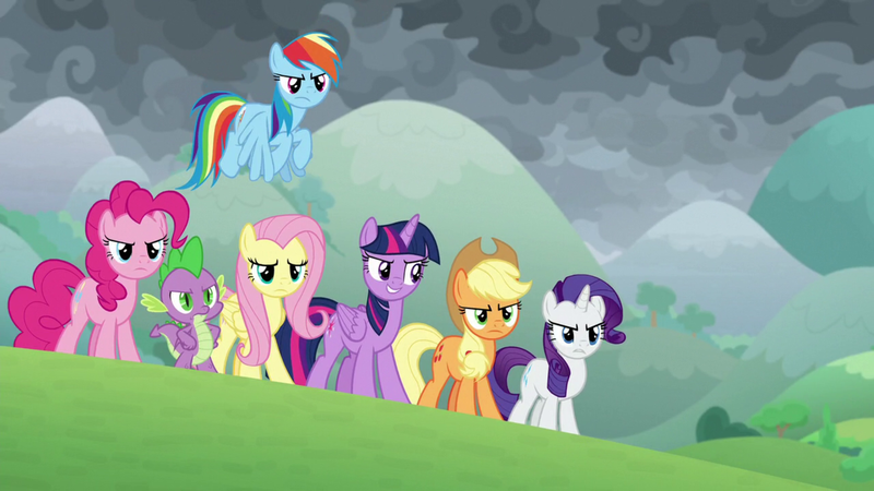 Size: 1920x1080 | Tagged: safe, derpibooru import, screencap, applejack, fluttershy, pinkie pie, rainbow dash, rarity, spike, twilight sparkle, twilight sparkle (alicorn), alicorn, dragon, earth pony, pegasus, the ending of the end, mane seven, mane six, winged spike