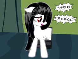 Size: 2448x1862 | Tagged: safe, artist:badumsquish, derpibooru import, oc, unofficial characters only, ghost, ghost pony, original species, pony, undead, adorable distress, computer, cute, dialogue, female, floppy ears, glow, halp, laptop computer, looking back, ocbetes, red eyes, sad, sadako, samara, samara morgan, show accurate, smol, solo, static, struggling, stuck, the ass was too fat, the ring, thick