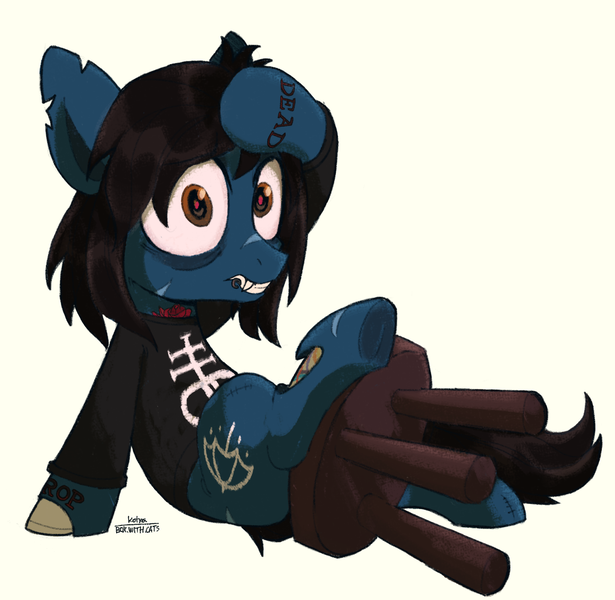 Size: 1958x1910 | Tagged: safe, artist:cherry_kotya, derpibooru import, oc, ponified, ponified:oliver sykes, earth pony, pony, undead, zombie, zombie pony, bags under eyes, blood, bone, bring me the horizon, clothes, fangs, full body, hoof on head, lip piercing, long sleeves, lying down, male, on back, piercing, rainbow blood, scar, shirt, simple background, solo, stallion, stitches, stool, tattoo, torn ear, underhoof, white background