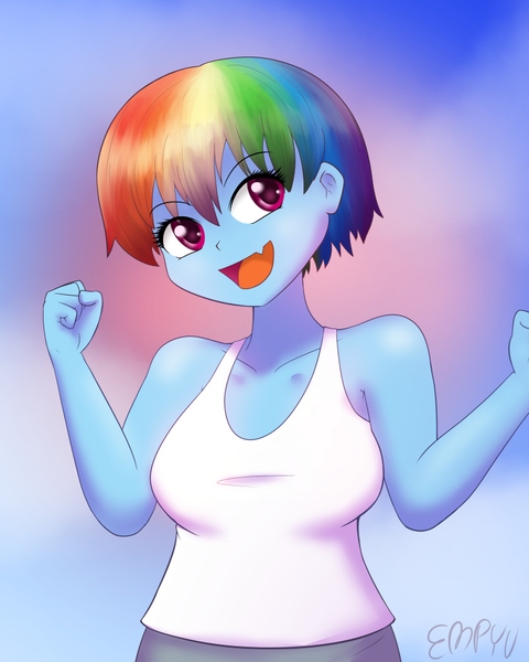 Size: 800x1000 | Tagged: safe, artist:empyu, derpibooru import, rainbow dash, equestria girls, alternate hairstyle, breasts, busty rainbow dash, open mouth, short hair, uzaki-chan wants to hang out!