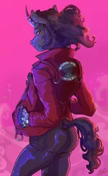 Size: 3189x5197 | Tagged: safe, artist:sourcherry, derpibooru import, king sombra, anthro, unicorn, amputee, ass, butt, clothes, colored horn, curved horn, cyberpunk, dock, horn, jacket, leather, leather jacket, leather pants, looking at you, moles, pants, prosthetic limb, prosthetics, solo, sombra horn
