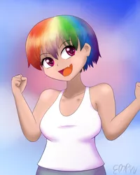 Size: 800x1000 | Tagged: safe, artist:empyu, color edit, derpibooru import, edit, editor:michaelsety, rainbow dash, equestria girls, alternate hairstyle, breasts, busty rainbow dash, colored, human coloration, light skin edit, open mouth, short hair, skin color edit, uzaki-chan wants to hang out!