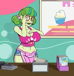 Size: 3206x3291 | Tagged: suggestive, artist:thehuskylord, derpibooru import, stella sprinkles, equestria girls, equestria girls series, tip toppings, spoiler:eqg series (season 2), apron, big breasts, braces, breasts, busty stella sprinkles, cleavage, clothes, daisy dukes, denim shorts, female, frozen yogurt shop, glasses, midriff, orthodontic headgear, pigtails, shorts, shy, simple background, solo, solo female, tanktop