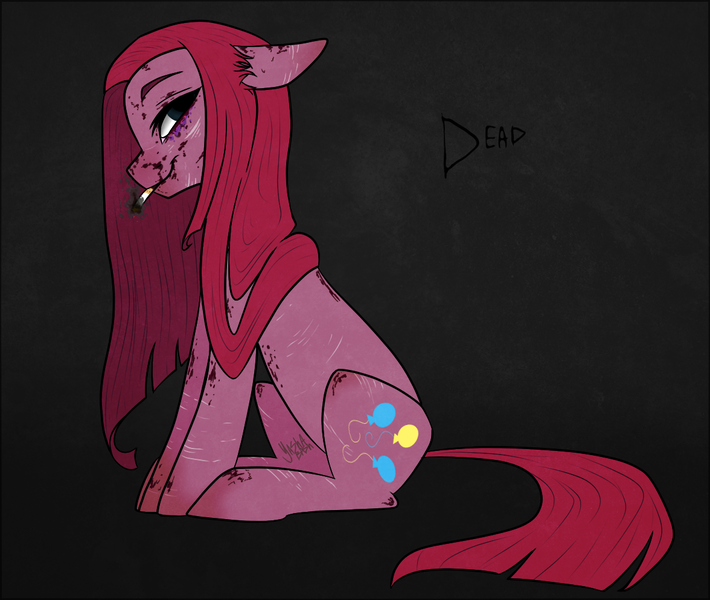 Size: 1176x994 | Tagged: grimdark, artist:yashathebasher, derpibooru import, pinkie pie, earth pony, pony, blood, cigarette, female, pinkamena diane pie, smiling, smirk, smoking, solo