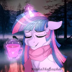 Size: 1024x1024 | Tagged: safe, artist:yashathebasher, derpibooru import, twilight sparkle, deer, pony, cheek fluff, clothes, cup, female, food, glowing horn, horn, magic, scarf, solo, tea, teacup, telekinesis