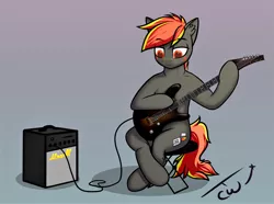 Size: 2988x2226 | Tagged: safe, alternate version, artist:colourwave, derpibooru import, oc, oc:deafjaeger, unofficial characters only, earth pony, pony, semi-anthro, cyber eyes, earth pony oc, gift art, guitar, happy birthday!, male, musical instrument, sitting, solo