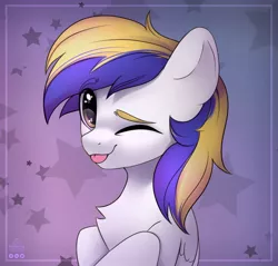 Size: 1200x1149 | Tagged: safe, artist:reterica, derpibooru import, oc, oc:juby skylines, unofficial characters only, pegasus, pony, :p, abstract background, bust, chest fluff, eye clipping through hair, eyebrows, eyebrows visible through hair, looking at you, male, one eye closed, portrait, smiling, smiling at you, solo, stallion, tongue out, wings, wink