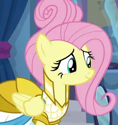 Size: 1284x1367 | Tagged: safe, derpibooru import, screencap, fluttershy, pony, fake it 'til you make it, clothes, cropped, cute, dress, female, mare, shyabetes, solo, warrior of inner strength, warriorshy