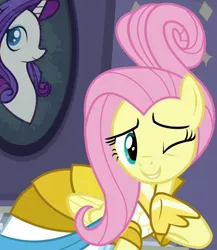 Size: 1202x1385 | Tagged: safe, derpibooru import, screencap, fluttershy, pony, fake it 'til you make it, clothes, cropped, dress, female, mare, one eye closed, rarity for you, solo, warrior of inner strength, warriorshy, wink
