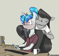 Size: 950x900 | Tagged: safe, artist:sinrar, derpibooru import, octavia melody, vinyl scratch, anthro, alternate hairstyle, blushing, chair, desk, earbuds, female, keyboard, kiss on the cheek, kissing, lesbian, missing accessory, mug, ponytail, scratchtavia, shipping, shrunken pupils, sitting