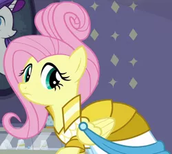 Size: 1548x1387 | Tagged: safe, derpibooru import, screencap, fluttershy, pony, fake it 'til you make it, clothes, cropped, dress, female, mare, rarity for you, solo, warrior of inner strength, warriorshy