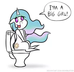 Size: 435x426 | Tagged: safe, artist:banebuster, derpibooru import, princess celestia, alicorn, pony, series:tiny tia, but why, open mouth, pointy ponies, potty, potty time, potty training, simple background, solo, speech bubble, toilet, wat, white background