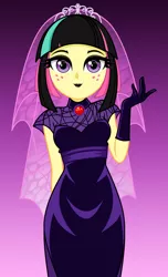 Size: 928x1528 | Tagged: safe, artist:rosemile mulberry, derpibooru import, sour sweet, equestria girls, alternate hairstyle, arm behind back, bride, clothes, cute, dress, female, freckles, gem, gloves, goth, hotel transylvania, jewelry, lipstick, looking at you, mavis dracula, simple background, smiling, smiling at you, solo, sourbetes, tiara, veil, wedding dress