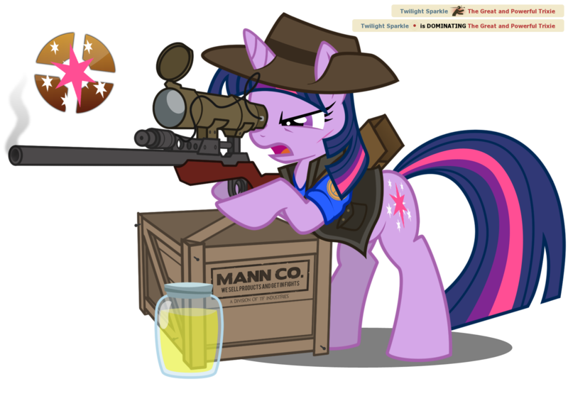 Size: 1622x1131 | Tagged: safe, artist:nikkikitty44, derpibooru import, twilight sparkle, pony, unicorn, blu team, box, crate, crossover, female, gun, implied trixie, jar, jarate, mare, open mouth, optical sight, pee in container, rifle, simple background, sniper, sniper rifle, solo, team fortress 2, transparent background, twilight sniper, unicorn twilight, urine, weapon