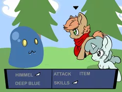 Size: 2048x1536 | Tagged: safe, artist:steelsoul, derpibooru import, oc, oc:deep blue, oc:himmel, unofficial characters only, earth pony, pony, unicorn, colt, earth pony oc, female, fight, filly, horn, male, mock game, mock rpg, slime, unicorn oc