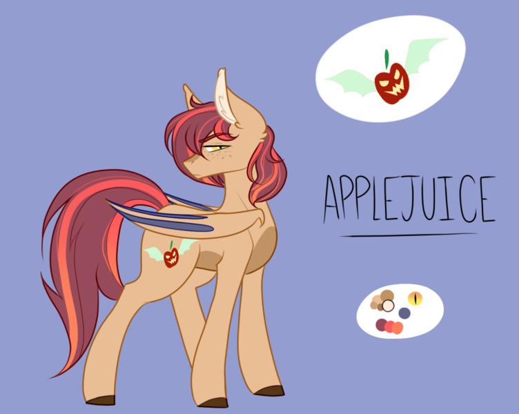 Size: 1000x798 | Tagged: safe, artist:cyrinthia, derpibooru import, oc, oc:applejuice, bat pony, pony, male, offspring, parent:applejack, reference, solo, stallion