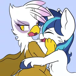 Size: 1536x1536 | Tagged: safe, artist:steelsoul, colorist:deserter, derpibooru import, gilda, shining armor, gryphon, pony, unicorn, blushing, female, gildarmor, hug, infidelity, male, shipping, straight