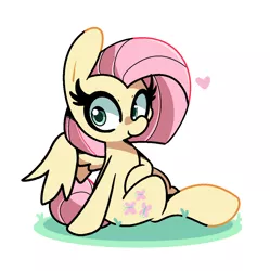 Size: 2000x2011 | Tagged: safe, artist:kindakismet, derpibooru import, fluttershy, pegasus, pony, alternate hairstyle, colored pupils, cute, female, grass, high res, mare, short mane, shyabetes, simple background, sitting, smiling, spread wings, white background, wings