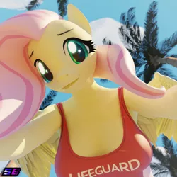 Size: 2160x2160 | Tagged: safe, artist:shadowboltsfm, derpibooru import, fluttershy, anthro, pegasus, plantigrade anthro, 3d, baywatch, blender, breasts, busty fluttershy, clothes, eyelashes, female, high res, image, lifeguard, looking at you, looking down, looking down at you, offscreen character, one-piece swimsuit, palm tree, png, pov, smiling, swimsuit, tree