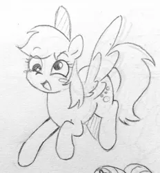 Size: 1597x1724 | Tagged: safe, artist:ch-chau, derpibooru import, derpy hooves, pegasus, pony, blush sticker, blushing, cute, female, flying, mare, monochrome, open mouth, sketch, solo, spread wings, traditional art, wings