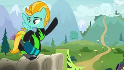 Size: 1280x720 | Tagged: clothes, derpibooru import, female, flying, helmet, lightning dust, pegasus, safe, screencap, solo, the washouts (episode), uniform, washouts uniform