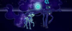 Size: 1280x549 | Tagged: safe, artist:shaslan, derpibooru import, princess luna, oc, alicorn, ghost, pegasus, pony, undead, dead, duo, hoof shoes, image, jpeg, leonine tail, looking at each other, magic, peytral, psychopomp, spread wings, wings