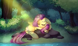 Size: 5045x3000 | Tagged: safe, artist:tatar.sauce, derpibooru import, fluttershy, pegasus, pony, crepuscular rays, cute, dappled sunlight, eyes closed, female, floppy ears, forest, high res, lying down, mare, prone, river, shyabetes, sleeping, solo, stream, tree