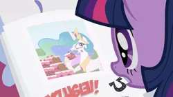 Size: 1920x1080 | Tagged: cake, cakelestia, derpibooru import, food, it begins, meme origin, newspaper, ponyville confidential, princess celestia, safe, screencap, twilight sparkle