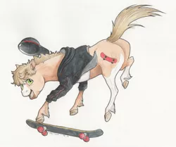 Size: 2523x2113 | Tagged: safe, artist:lady-limule, derpibooru import, oc, oc:skeeter, unofficial characters only, earth pony, pony, backwards ballcap, baseball cap, cap, clothes, earth pony oc, female, hat, mare, skateboard, solo, traditional art