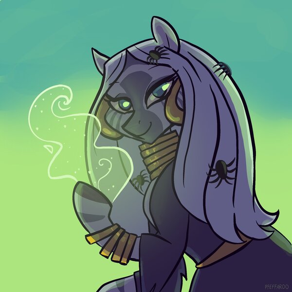 Size: 2048x2048 | Tagged: safe, artist:pfeffaroo, derpibooru import, zecora, spider, zebra, luna eclipsed, clothes, costume, ear piercing, earring, female, halloween, high res, holiday, hoof hold, hoof ring, image, jewelry, jpeg, long mane, looking at you, magic, mare, neck rings, nightmare night, nightmare night costume, piercing, raised hoof, smiling, solo, three quarter view, witch, zebra magic