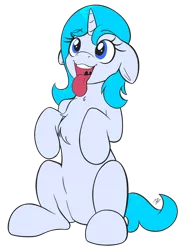 Size: 2176x2976 | Tagged: safe, artist:eisky, derpibooru import, oc, oc:crescendo, unofficial characters only, pony, unicorn, behaving like a dog, chest fluff, cute, female, floppy ears, hooves to the chest, mare, panting, simple background, sitting, smiling, solo, tongue out, transparent background