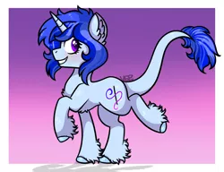 Size: 1300x1000 | Tagged: safe, artist:vale-bandicoot96, derpibooru import, oc, oc:silent wolf, unofficial characters only, pony, unicorn, colored hooves, ear fluff, gradient background, hoof fluff, horn, leonine tail, raised hoof, smiling, solo, unicorn oc