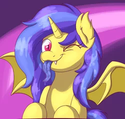 Size: 3022x2892 | Tagged: safe, artist:eisky, artist:hartenas, derpibooru import, oc, oc:aunora, alicorn, bat pony, bat pony alicorn, :p, ;p, bat pony oc, bat wings, horn, looking at you, one eye closed, solo, tongue out, wings, wink, winking at you