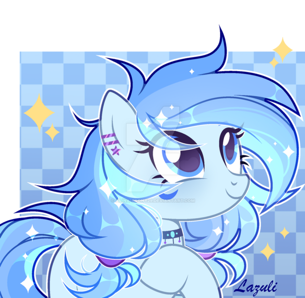 Size: 1024x1001 | Tagged: safe, artist:lazuli, derpibooru import, oc, unofficial characters only, earth pony, pony, bust, choker, ear piercing, earring, earth pony oc, eyelashes, jewelry, looking up, piercing, raised hoof, signature, simple background, smiling, solo, transparent background