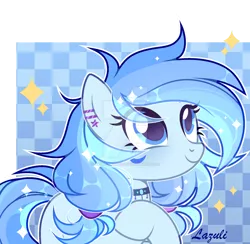 Size: 1024x1001 | Tagged: safe, artist:lazuli, derpibooru import, oc, unofficial characters only, earth pony, pony, bust, choker, ear piercing, earring, earth pony oc, eyelashes, jewelry, looking up, piercing, raised hoof, signature, simple background, smiling, solo, transparent background