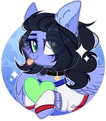 Size: 1698x1944 | Tagged: safe, artist:lazuli, derpibooru import, oc, unofficial characters only, pegasus, pony, :p, bust, chest fluff, clothes, collar, commission, ear fluff, eye clipping through hair, heart, heart pillow, pegasus oc, pillow, signature, simple background, solo, tongue out, transparent background, wings, ych result