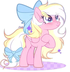 Size: 2529x2588 | Tagged: safe, artist:lazuli, derpibooru import, oc, oc:bay breeze, unofficial characters only, pegasus, pony, blushing, bow, bust, commission, eye clipping through hair, eyelashes, female, folded wings, hair bow, hoof on chest, looking up, mare, pegasus oc, raised hoof, signature, simple background, smiling, solo, standing, tail bow, three quarter view, transparent background, wings, ych result