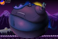 Size: 2400x1600 | Tagged: suggestive, artist:berry-duke96, derpibooru import, princess luna, alicorn, anthro, belly, belly button, big belly, blueberry inflation, castlevania: dracula x, clothes, expansion, female, huge belly, hyper, hyper belly, impossibly large belly, inflation, solo, swelling, swollen, tracksuit