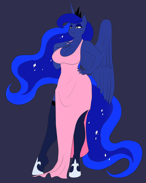 Size: 2400x3000 | Tagged: alicorn, anthro, artist:marauder6272, breasts, busty princess luna, clothes, colored, color edit, derpibooru import, dress, edit, ethereal mane, ethereal tail, fanfic, fanfic art, fanfic cover, jewelry, princess luna, regalia, safe, smiling, socks, solo, stockings, story in the source, thigh highs, tiara, unguligrade anthro