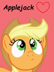 Size: 786x1040 | Tagged: safe, artist:twilyisbestpone, derpibooru import, applejack, earth pony, pony, applejack's hat, bust, comic sans, cowboy hat, cute, female, hat, heart, jackabetes, looking up, mare, red background, simple background, solo