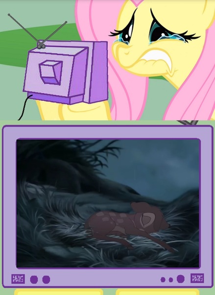 Size: 1080x1475 | Tagged: safe, derpibooru import, fluttershy, deer, pegasus, pony, bambi, exploitable meme, fluttercry, meme, obligatory pony, sad, television, tv meme