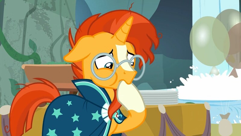 Size: 1280x720 | Tagged: safe, derpibooru import, screencap, sunburst, unicorn, student counsel, clothes, floppy ears, glasses, hoof in mouth, male, robe, solo, sunburst's glasses, sunburst's robe