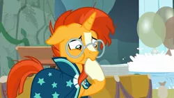 Size: 1280x720 | Tagged: safe, derpibooru import, screencap, sunburst, unicorn, student counsel, clothes, floppy ears, glasses, hoof in mouth, male, robe, solo, sunburst's glasses, sunburst's robe