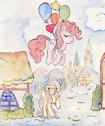 Size: 2000x2394 | Tagged: safe, artist:nedemai, derpibooru import, fluttershy, pinkie pie, earth pony, pegasus, balloon, duo, floating, looking up, ponyville, then watch her balloons lift her up to the sky, traditional art, watercolor painting