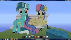 Size: 1920x1080 | Tagged: safe, artist:confusedmissflower, derpibooru import, bon bon, lyra heartstrings, sweetie drops, earth pony, unicorn, bench, day, duo, duo female, female, game screencap, looking at you, minecraft, minecraft pixel art, pixel art, sitting