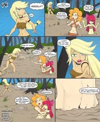 Size: 1800x2200 | Tagged: safe, artist:oldskullkid, derpibooru import, apple bloom, applejack, pear butter, comic:quicksand rescue, equestria girls, absolute cleavage, ass, belly button, bocas top, breasts, butt, cleavage, clothes, comic, commission, crying, equestria girls-ified, female, hug, jungle girl, quicksand, this will end in death, this will end in tears, this will end in tears and/or death