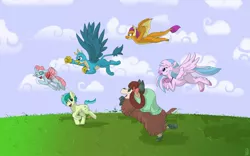 Size: 1280x800 | Tagged: safe, artist:brownie-bytes, derpibooru import, gallus, ocellus, sandbar, silverstream, smolder, yona, changedling, changeling, classical hippogriff, dragon, earth pony, gryphon, hippogriff, pony, yak, cloud, cute, dragoness, female, flying, grass, group, happy birthday mlp:fim, male, mlp fim's tenth anniversary, monkey swings, running, stallion, student six