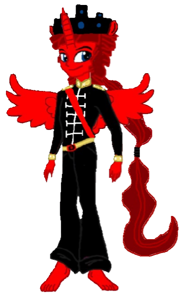 Size: 376x597 | Tagged: safe, artist:loomytyranny, derpibooru import, oc, alicorn, hybrid, equestria girls, alicorn oc, barefoot, brother, crown, feet, horn, jewelry, male, mars, mars red, monarch, monarchist, original character do not steal, planet, png, ponytail, red and black oc, regalia, wings